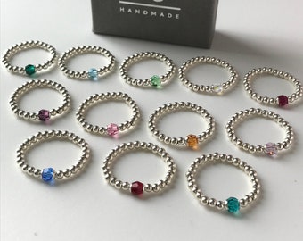 Sterling Silver Birthstone Rings with Crystal Beads, Beaded Stacking Rings UK Handmade Gift for Women, Custom Sizes