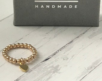 Gold Beaded Heart Ring, Slim Stretch Stacking Charm Rings, UK Handmade Gift for Women, Custom Sizes, Gift Boxed