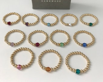 Gold Birthstone Rings, Gold Filled Stretch Beaded Stacking Rings, UK Handmade Gift for Women, Custom Sizes, Gift Boxed