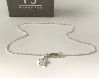 Sterling Silver Charm Anklets for Women, Sparkly Star on Belcher Chain, Handmade Ankle Bracelet Gift for Women, Custom Sizes