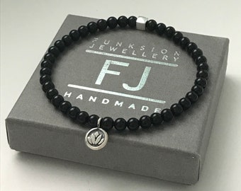 Onyx Beaded Bracelet & Sterling Silver Lotus Flower Charm, 4mm Gemstone Bead Intention Bracelet, UK Handmade Gift for Women, Custom Sizes