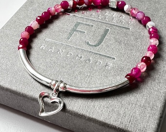 Pink Agate & Sterling Silver Heart Charm Bracelet, Stretch 4mm Beaded Bracelet, UK Handmade Gift for Women, Custom Sizes, Gift Boxed