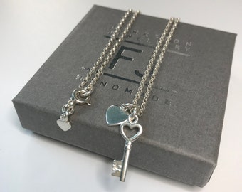 Sterling Silver Pendant Necklace, Key to My Heart Charms Necklace, Dainty Pendant Gift for Women, UK Handmade, Custom Sizes, Gift Boxed
