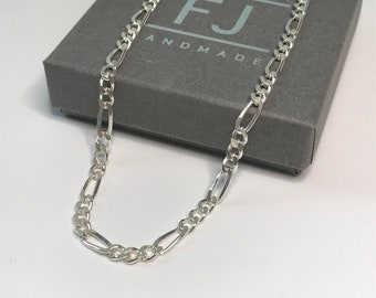 Sterling Silver Figaro Chain Anklet, Solid 3.5mm Flat Link, UK Handmade Gift, Custom Sizes, Gift Boxed, Optional Extender