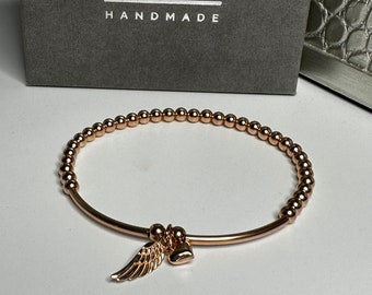 Rose Gold Stretch Bracelet, Angel Wing Heart Charms 4mm Beaded Gift for Women, UK Handmade Gift, Custom Sizes, Gift Boxed *New Design*