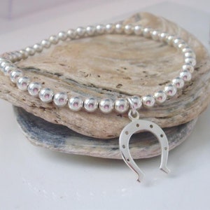 Sterling Silver Horseshoe Bracelet, Lucky Charm Stretch Beaded Bracelet, UK Handmade Gift for Women, 4mm Beads, Custom Sizes, Gift Boxed