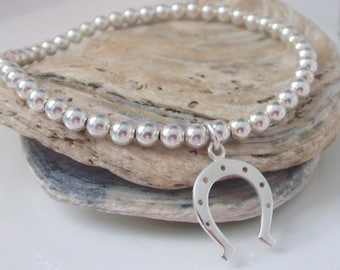 Sterling Silver Horseshoe Bracelet, Lucky Charm Stretch Beaded Bracelet, UK Handmade Gift for Women, 4mm Beads, Custom Sizes, Gift Boxed