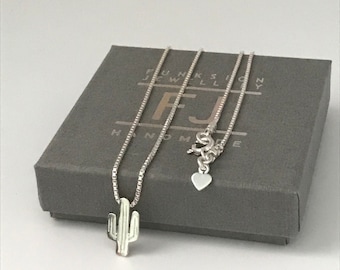 Sterling Silver Necklace for Women, Cactus Necklace on Box Chain, UK Handmade Gift for Her, Custom Sizes, Gift Boxed