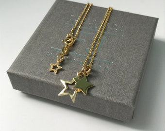 Star Necklace, Dainty Gold Vermeil Double Star Charms Necklace, UK Handmade Gift for Women, Custom Sizes, Gift Boxed