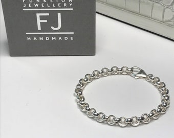 Mens Sterling Silver Bracelet, Solid Silver Belcher Chain Bracelet, 6mm Rolo Links with Carabiner Clasp, UK Handmade, Custom Sizes