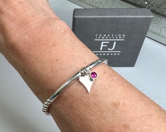 Sterling Silver Birthstone Bracelet with Heart Charm, Stretch Beaded Charm Bracelet for Women, UK Handmade Gift, Custom Sizes, Gift Boxed