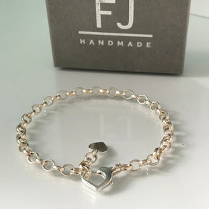 Sterling Silver Heart Clasp Belcher Bracelet: Handmade Adjustable Charm Bracelet