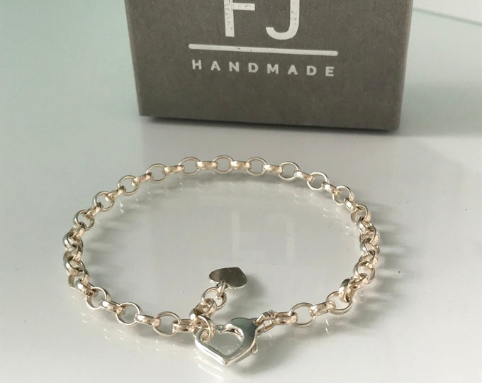 Featured listing image: Sterling Silver Heart Clasp Charm Bracelet for Women, Adjustable Belcher Chain with Heart Tag, UK Handmade Gift, Custom Sizes