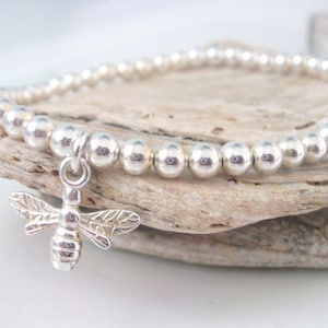 Sterling Silver Bee Bracelet, Beaded Bracelets for Women, Lucky Bumble Bee Charm Bracelet, UK Handmade Gift, Custom Sizes, Gift Boxed