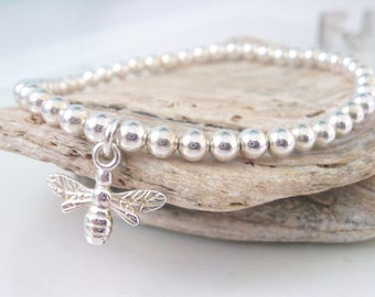 Sterling Silver Bee Bracelet, Beaded Bracelets for Women, Lucky Bumble Bee Charm Bracelet, UK Handmade Gift, Custom Sizes, Gift Boxed