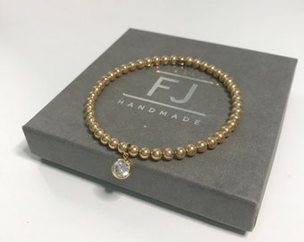 Gold Bead Bracelet with Charm, Sparkly Cubic Zirconia Beaded Charm Bracelet for Women, 14k Gold Filled 4mm, UK Handmade Gift, Custom Sizes,