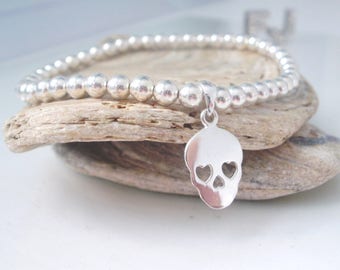 Sterling Silver Beaded Stretch Bracelet, Sugar Skull Jewelry, Handmade UK Gift for Women, Gothic Skull Charm Bracelet