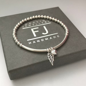 Sterling Silver Beaded Bracelet: Angel Wing Heart Charm, Handmade