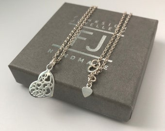 Sterling Silver Heart Necklace, Heart Charm Pendant Necklace, UK Handmade Gift for Women, Custom Sizes, Gift Boxed