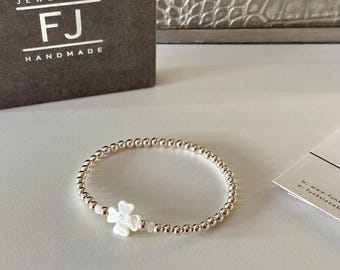 Sterling Silver Bracelets for Women, Mother of Pearl Clover Bead Gift for Her 925 Stretch Bracelet, UK Handmade, Custom Sizes *New* Gift Box