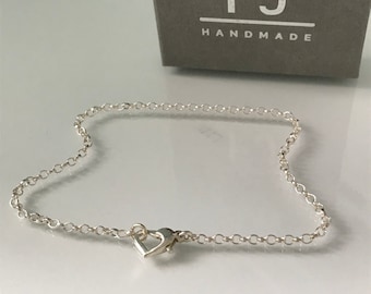 Sterling Silver Anklets for Women with Heart Clasp, Belcher Chain Ankle Bracelet, UK Handmade Gift, Custom Sizes, Gift Boxed