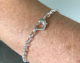 Sterling Silver Heart Clasp Belcher Chain Bracelet,  UK Handmade Gift for Women for Girls, Custom Sizes