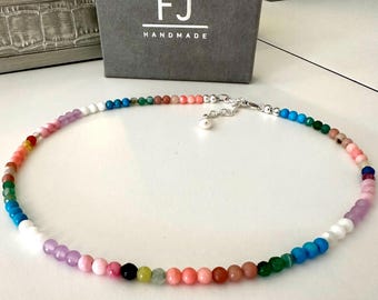 Rainbow Multicolour Gemstone Beaded Necklace & 925 Silver Extender, UK Handmade Gift for Women, Custom Sizes, Gift Boxed, Optional Pendant