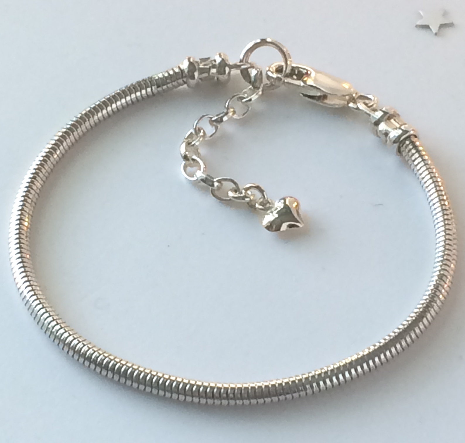 Sterling Silver Snake Bracelet With Heart Charm Extender Etsy