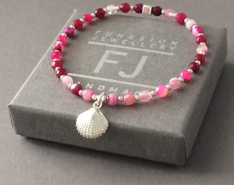 Sterling Silver Beaded Bracelet with Shell Charm, Pink Gemstone Bracelet UK Handmade Gift for Women, Custom Sizes, Gift Boxed