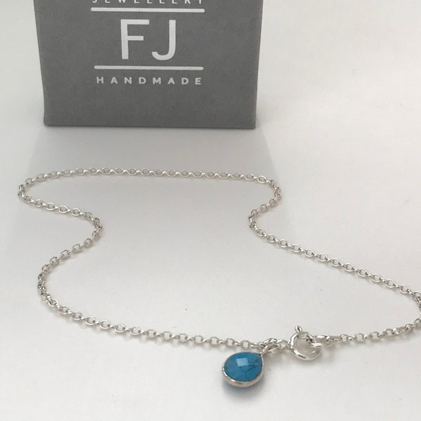 Sterling Silver & Turquoise Anklet, Teardrop Charm Ankle Bracelet, UK Handmade Ankle Chain Gift for Women, Custom Sizes