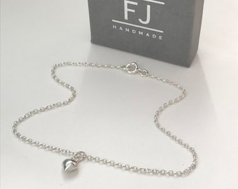 Sterling Silver Puff Heart Charm Ankle Bracelet, Dainty Ankle Chain, UK Handmade Gift for Women, Custom Sizes,