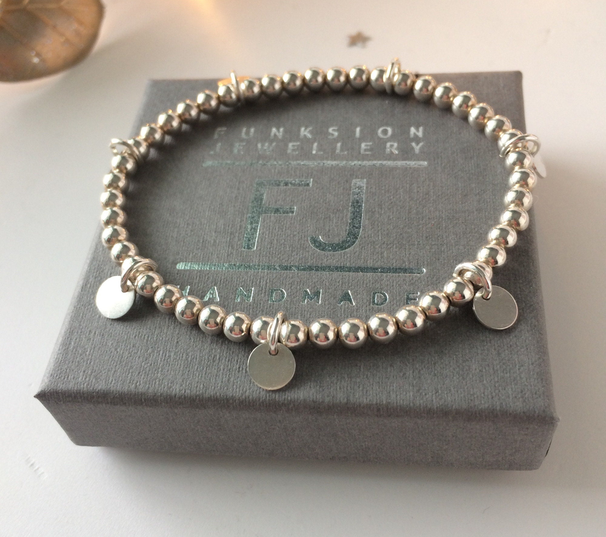 Sterling Silver Disc Charm Bracelet for Women, Handmade Stretch Stacking Bracelet UK, Custom Sizes
