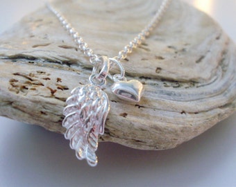 Sterling Silver Angel Necklace, Angel Wing Tiny Heart Pendant, UK Handmade Charms Necklace Gift for Women, Custom Sizes, Gift Boxed