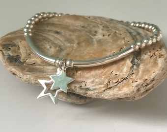 Sterling Silver Star Bracelet, Double Star Charms Stretch Beaded Bracelet, UK Handmade Gift for Women, 4mm Beads, Custom Sizes