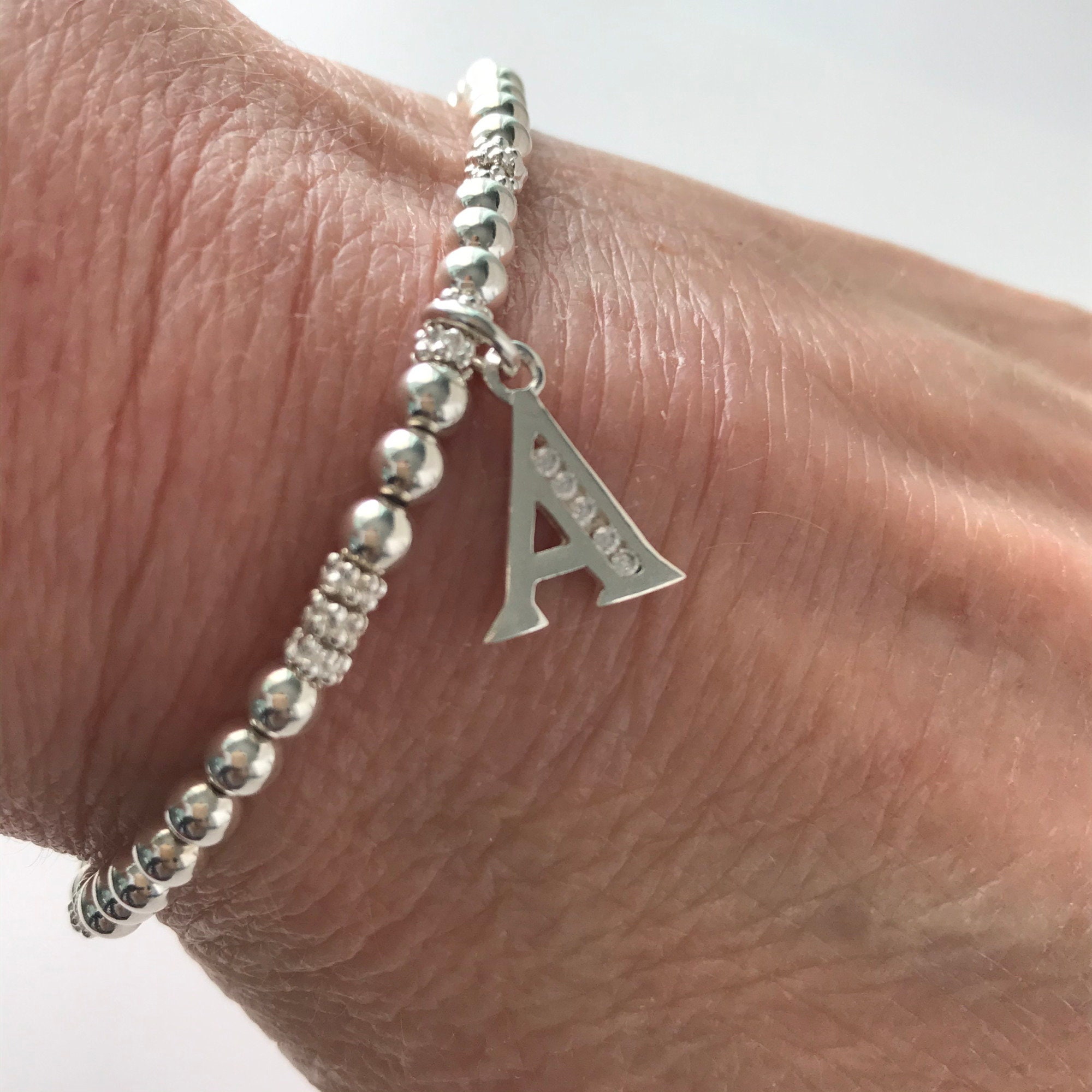 Sterling Silver Personalised CZ Initial Charm Beaded Bracelet, Handmade