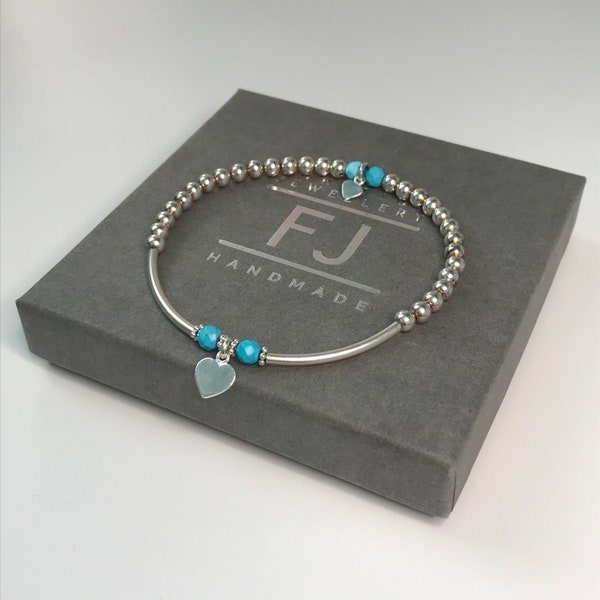 Sterling Silver Beaded Bracelet with Heart Charms and Turquoise Beads, UK Handmade Gift for Women, Custom Sizes, Gift Boxed