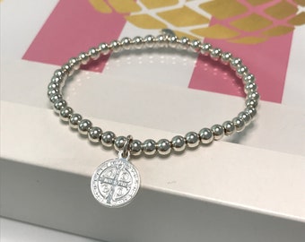 Sterling Silver Beaded Stretch Bracelet, Coin Charm Bracelet, 4mm Beads, UK Handmade Gift for Women, Custom Sizes, Gift Boxed