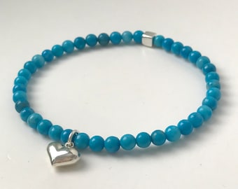 Turquoise Bead Bracelet Sterling Silver Heart Charm, Semi Precious Gemstone Bracelet, UK Handmade Gift for Women, Custom Sizes, Gift Box