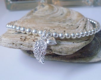Sterling Silver Bracelets for Women, Angel Wing Heart Charm Bracelet, 4mm Beaded Stretch Bracelet Gift for Her, UK  Handmade Custom Sizes