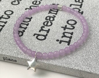 Beaded Bracelet with Sterling Silver Lilac Jade Gemstone, Star Bracelet, UK Handmade Stretch Healing Bracelet, Custom Sizes, Gift Boxed