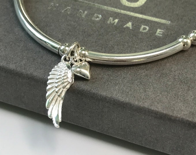 Featured listing image: Sterling Silver Bracelets for Women, Angel Wing Heart Charms 4mm Beaded Gift for Her 925 Stretch Silver Jewelry, Handmade Custom Sizes *New*