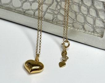Gold Heart Necklace, Puffed Heart Pendant, Gold Vermeil Necklace, UK Handmade Gift for Women, 16" 18" or 20", Gift Boxed