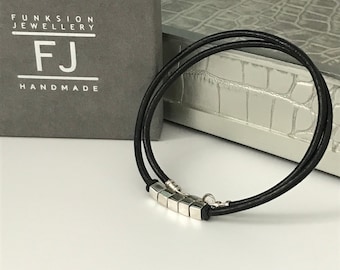 Beaded Leather Necklace, Black Leather & Sterling Silver Cube Bead Necklace, UK Handmade Gift, Custom Sizes, Gift Boxed