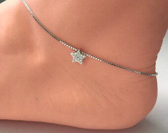 Sterling Silver Star Anklet, Cubic Zirconia Star Bead Charm on Box Chain, Sparkly Handmade Ankle Bracelet Gift for Women, Custom Sizes