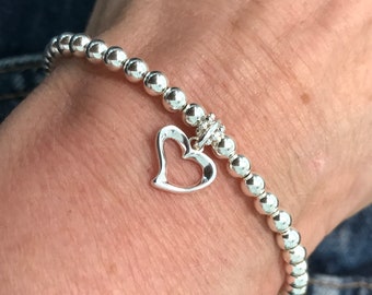 Open Heart Charm Bracelet for Women, Sterling Silver Heart Charm, UK Handmade Stretch Beaded Bracelet Gift for Her, Custom Sizes, Gift Boxed