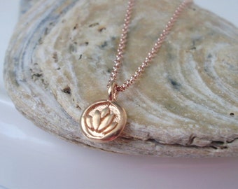 Rose Gold Pendant Necklace, Tiny Lotus Charm on 18k Rose Gold Vermeil Chain, UK Handmade, Gift for Women, Custom Sizes, Gift Boxed