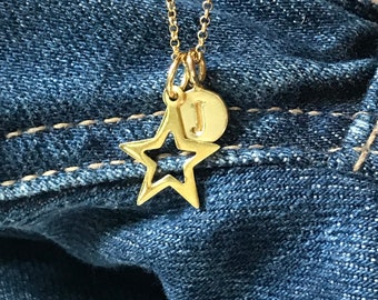 Gold Star Pendant Necklace, Optional Letter Charm, UK Handmade Gift for Women, Custom Sizes, Gift Boxed