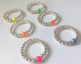 Sterling Silver Stretch Rings, Colourful Bead Rings, UK Handmade Silver Beaded Toe Ring Thumb Ring for Women, Gift Boxed, Custom Sizes