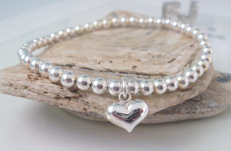 Silver Bead Bracelet Sterling Silver Heart Charm Handmade Custom Sizes 4mm beads Stretch UK Gift for Women Beaded