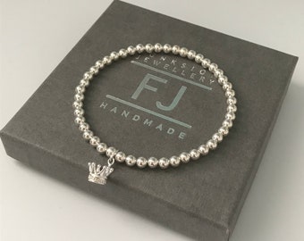 Crown Charm Beaded Bracelet, Sterling Silver Stretch Bead Bracelet, UK Handmade Gift for Women, 4mm Beads, Custom Sizes, Gift Boxed